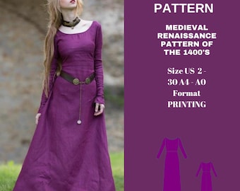 Dress model of the 1400s|Renaissance,medieval Dress|celtic Dress|A0 A4 US latter| US 2 to 30