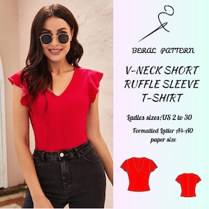 Puede incluir: Un patrón de costura para una camiseta roja de manga corta con volantes y cuello en V. El patrón es para tallas de mujer españolas 2 a 30 y está formateado para papel A4-A0.