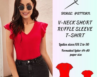 v-neck red short frilly sleeve crop pattern|sport crop|crop pattern|easp pattern|A0 A4 US latter| US 2 to 30