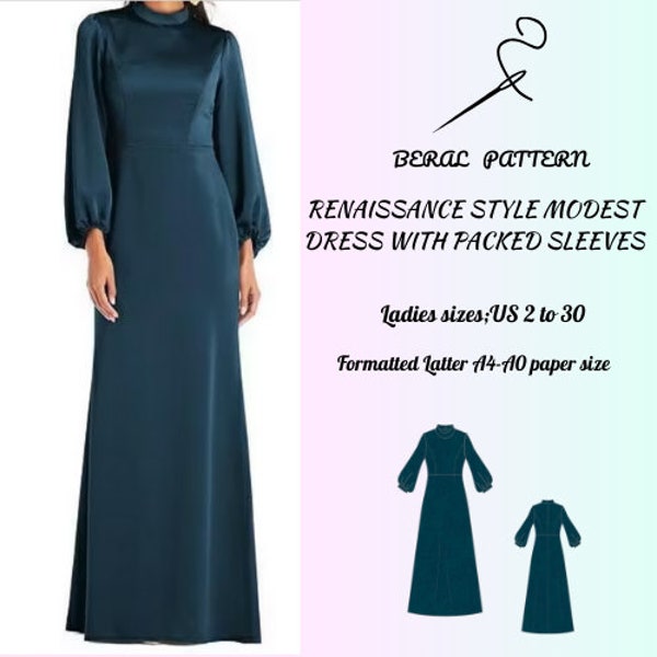 Bescheidenes Kleid Bischof Langarm Schnittmuster|Renaissance, Mittelalterliches Kleid|A0 A4 US Letzteres| US 2 bis 30