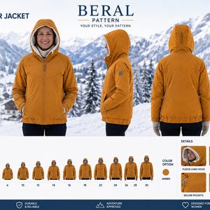 Könnte beinhalten: Eine bernsteinfarbene Winterjacke mit Kapuze, weißem Fleecefutter, Frontreißverschluss und langen Ärmeln. Die Jacke wird von vorne, von der Seite und von hinten gezeigt, begleitet von Text, der Funktionen wie Windschutz und Wasserabweisung beschreibt.