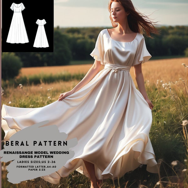 Short sleeve wide neckline renaissance style wedding dress pattern|celtic Dress|A0 A4 US latter| US 2 to 30