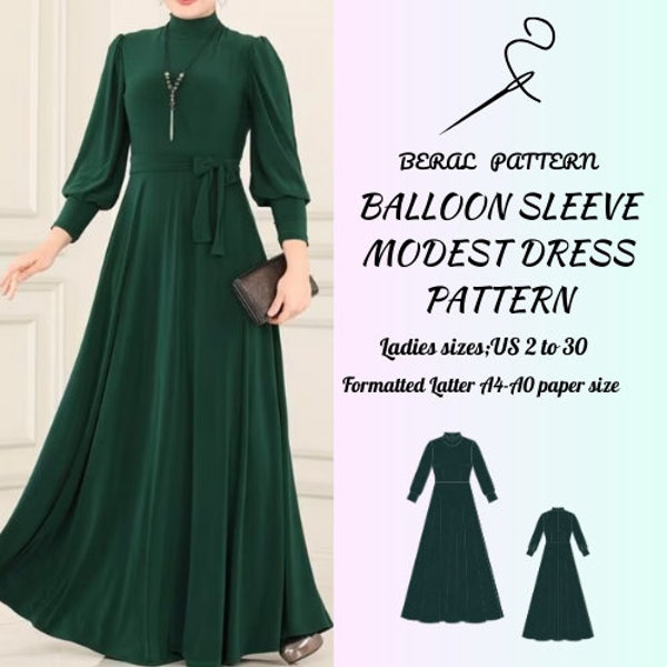 Modest dress bishop long sleeve pattern |hijab evening dress |A0 A4 US latter| US 2 to 30