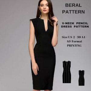 Peut inclure: Patron de couture pour une robe crayon noire à col en V, format A0. Le patron est disponible en tailles françaises 34-52 et comprend des instructions de couture.