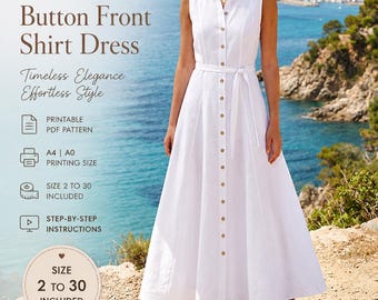 Button Front Shirt Dress Sewing Pattern | Sizes 2-30 | A4 A0 PDF | Sleeveless Maxi Dress | Digital Sewing Pattern