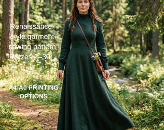 Modest long-sleeved evening/wedding dress pattern with a comfortable fit; available in sizes 2–30 with A4 and A0 printing options.