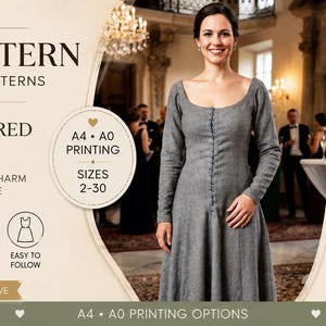 Op de afbeelding: Een digitaal naaipatroon voor een op de Renaissance geïnspireerde jurk, genaamd Beral Pattern. Het ontwerp toont een grijze jurk met lange mouwen, een ronde halslijn en knoopsluiting aan de voorzijde. Inclusief A4- en A0-afdrukopties voor de maten 2-30.
