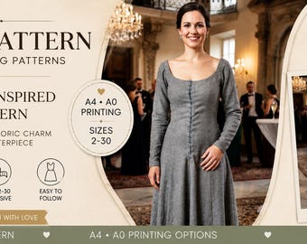 Dress model of the 1400s|Renaissance,medieval Dress|celtic Dress|A0 A4 US latter| US 2 to 30