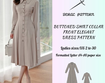 Shirt collar buttoned dress pattern|summer dress|midi dress pattern|  dress pattern|A0 A4 US latter| US 2 to 30