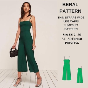 May include: A green wide-leg jumpsuit sewing pattern with thin straps. The pattern is for sizes US 2-30 and is printed on A4-A0 format paper. The pattern is shown on a model wearing the jumpsuit.