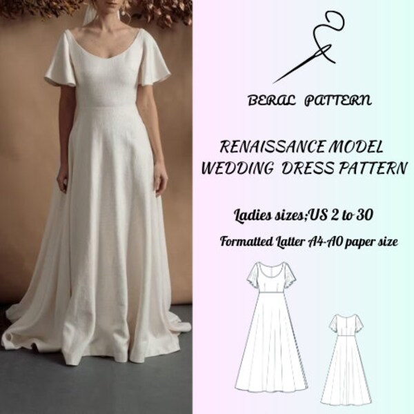 Short sleeve wide neckline renaissance style wedding dress pattern|celtic Dress|A0 A4 US latter| US 2 to 30