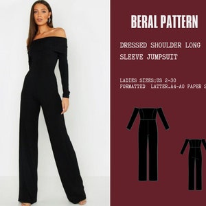 May include: A black off-the-shoulder long-sleeve jumpsuit with a wide leg. The pattern is for sizes US 2-30 and is formatted for A4-A0 paper size.
