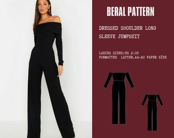low shoulder long sleeve jumpsuit pattern| overalls pattern|summer jumpsuit|A0 A4 US latter| US 2 to 30