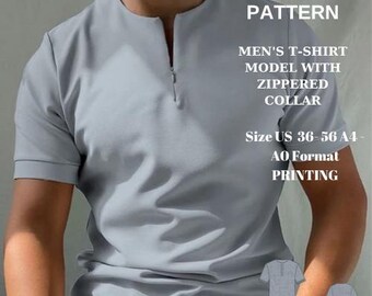Men's t-shirt pattern with zipper collar| easy t-shirt sewing pattern| formatted latter A0-A4 paper size|Men size US 36 to 56