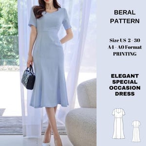 May include: A sewing pattern for an elegant special occasion dress. The pattern is for sizes US 2-30 and is printed on A4-A0 format paper. The pattern includes a front and back view of the dress.