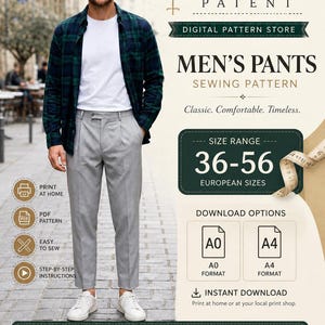 May include: A digital sewing pattern for pants by Beral Patent. The graphic features text including Men's Pants Sewing Pattern, size range 36-56, and download options for A0 and A4 formats. Icons indicate print at home, PDF pattern, and instructions.