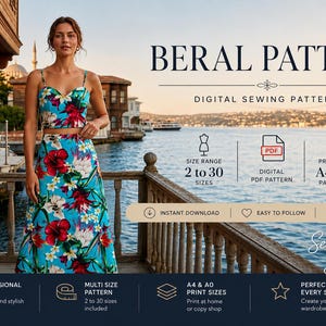 Naaipatroon PDF voor crop top en maxi rok, tweedelig setje met bloemenprint, damesmaat 2-30, A4 A0 digitaal naaipatroon, direct te downloaden