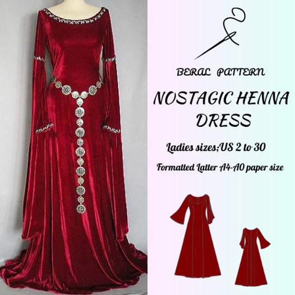 Henna-Kleid im Stil des 14. Jahrhunderts|Renaissance, mittelalterliches Kleid|keltisches Kleid|A0 A4 US letzteres| US 2 bis 30