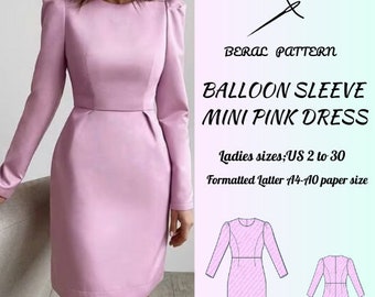 Mini pink elegant dress with balloon sleeves|summer dress|mini dress pattern| elegant dress pattern|A0 A4 US latter| US 2 to 30
