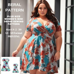 May include: A sewing pattern for a plus size mini dress with a floral print. The pattern is available in sizes US 2-30 and is printed on A4-AO format paper.