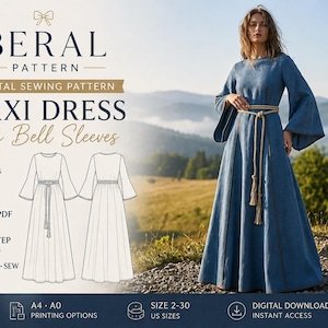 Puede incluir: Un patrón de costura digital para un vestido largo con mangas acampanadas, titulado Beral Pattern. El diseño incluye un dibujo lineal del vestido, un rango de tallas 2-30 e instrucciones para tamaños de impresión A4 y A0, PDF y guías paso a paso.
