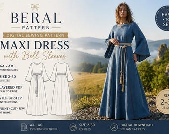 Renaissance Dress Sewing Pattern PDF, Medieval Maxi Dress, Bell Sleeve Gown, Cottagecore, A4 A0, Sizes 2–30 | Beral Pattern