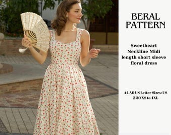May include: A sewing pattern for a sweetheart neckline midi dress with short sleeves and a floral print. The pattern is available in sizes XS to 4XL. The pattern is called "BERAL PATTERN".