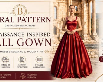 Renaissance Ball Gown Sewing Pattern PDF, Elegant Formal Dress, Corset Bodice, Maxi Evening Dress, Sizes 2-30, A4 A0