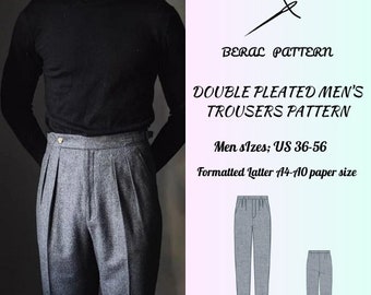 Double pleat easy sewing men's trousers| formatted latter A0-A4 paper size|Men size US 36 to 56