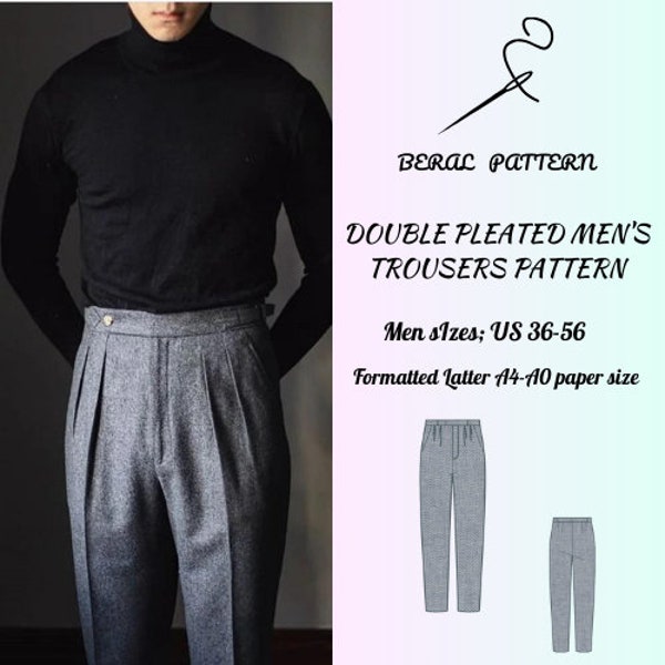 Double pleat easy sewing men's trousers| formatted latter A0-A4 paper size|Men size US 36 to 56