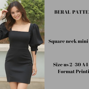 Patrón de costura de vestido mini con escote cuadrado - Tallas 02-30 - Patrón de vestido de mujer - PDF imprimible