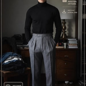 May include: A digital sewing pattern titled Beral Patent for trousers. The image displays a black turtleneck and grey pleated trousers with a size range of 36-56 EU size. Includes icons for A4-A0 printing options and instant download features.