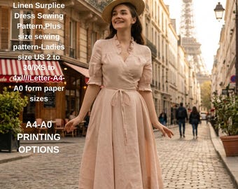 Linen Surplice Dress Sewing Pattern,Plus size sewing pattern-Ladies size US 2 to 30//XS to 4xl///Letter-A4-A0 form paper sizes