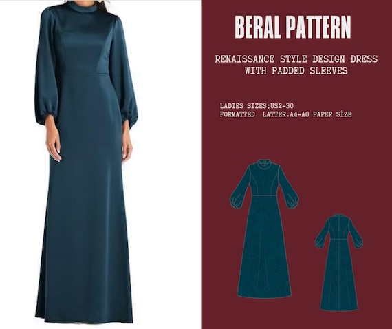 Modest dress bishop long sleeve pattern |renaissance, medieval dress|A0 A4 US latter| US 2 to 30