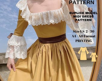 Square Neck Midi length bell sleeve lace detailed dress pattern  |A0 A4 US latter| US 2 to 30