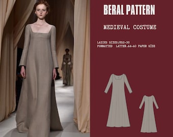 Medieval costume|Dress model of the 1400s|Renaissance,medieval Dress|celtic Dress|A0 A4 US latter| US 2 to 30