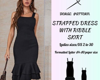 Schnittmuster für ein Trägerkleid mit Rüschen|Schnittmuster für ein Sommerkleid|stilvolles Kleid für besondere Anlässe|A0 A4 US letzteres| US 2 bis 30