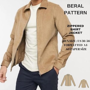 Pode incluir: Uma jaqueta de camisa marrom com zíper e gola. A jaqueta é mostrada em um modelo que está vestindo uma camiseta branca e calças azul marinho. O texto "BERAL PATTERN ZIPPERED SHIRT JACKET MEN SIZE; US 36-56 FORMATTED A4-AO PAPER SIZE" está impresso na imagem.