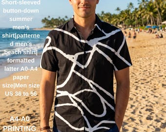 Short-sleeved button-down summer men's shirt|patterned men's beach shirt| formatted latter A0-A4 paper size|Men size US 36 to 56