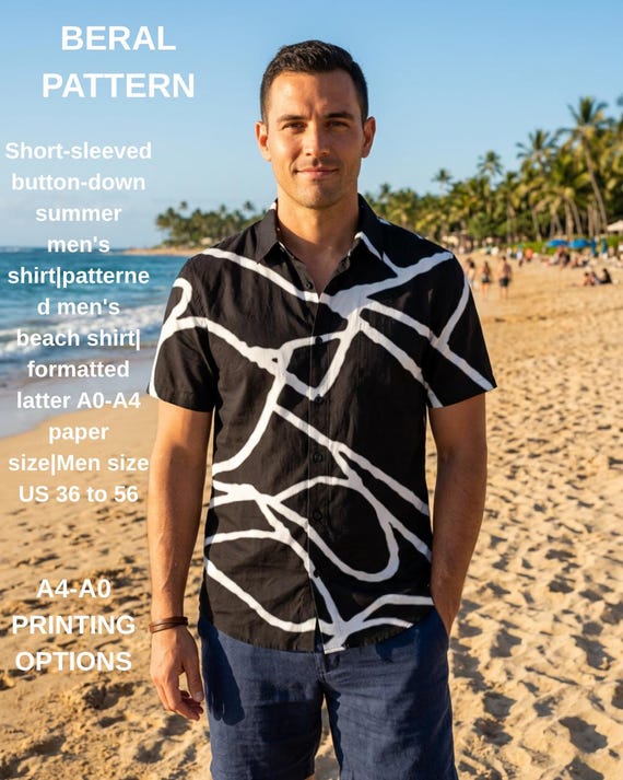 Short-sleeved button-down summer men's shirt|patterned men's beach shirt| formatted latter A0-A4 paper size|Men size US 36 to 56