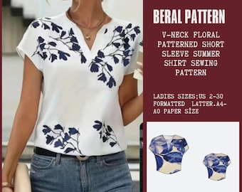 Floral short shirt model|cropping pattern|women's shirt design pattern|Sports shirt model A0-A4 US second| US 2 to 30