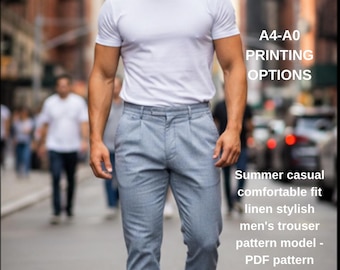 Summer casual comfortable fit linen stylish men's trouser pattern model - PDF pattern between sizes 36-56
