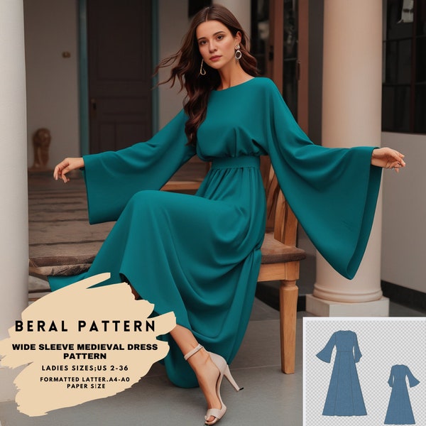Medieval style wide sleeve dress pattern|renaissance dress pattern|A0 A4 US latter| US 2 to 30