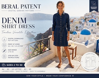 Beral Patent – Denim Shirt Dress Sewing Pattern, Women’s PDF Dress Pattern, Sizes 2-30, A0 A4 US Letter