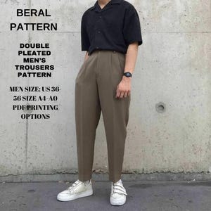 May include: A brown double pleated trouser pattern for men. The pattern includes sizes UK 36-56 and A4-A0 PDF printing options.