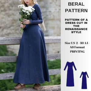 May include: A navy blue, long-sleeved dress, displayed on a person holding white flowers. The image features the text "BERAL PATTERN" and "PATTERN OF A DRESS CUT IN THE RENAISSANCE STYLE". The pattern is available in UK sizes 6-34.