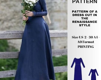 Medieval dress a cut dress pattern|renaissance dress pattern|A0 A4 US latter| US 2 to 30