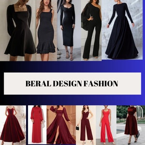 May include: A collection of nine dresses and jumpsuits in black and burgundy. The dresses feature a variety of styles, including a-line, fit and flare, and sheath. The jumpsuits are both wide-legged and have a fitted bodice.