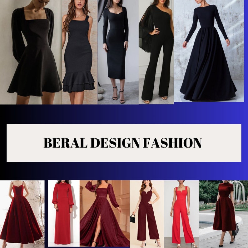 May include: A collection of nine dresses and jumpsuits in black and burgundy. The dresses feature a variety of styles, including a-line, fit and flare, and sheath. The jumpsuits are both wide-legged and have a fitted bodice.