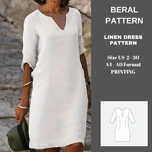 Peut inclure: Une robe en lin blanche avec un col en V et des manches aux coudes. Le patron de la robe est intitulé "BERAL PATTERN" et "LINEN DRESS PATTERN". La gamme de tailles est US 2-30, impression format A4-A0.